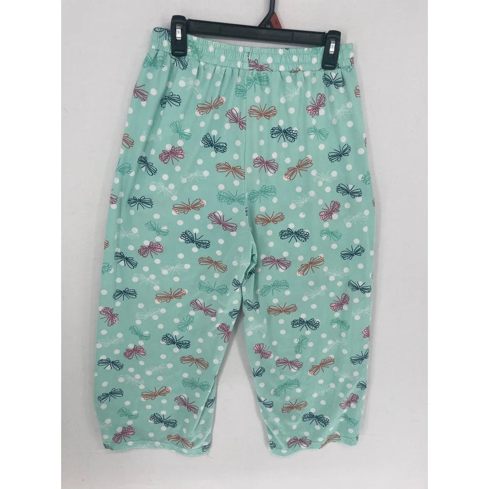 Butterfly Polka Dot Pajama Pants Aqua Green Elastic Waist Pockets Size M